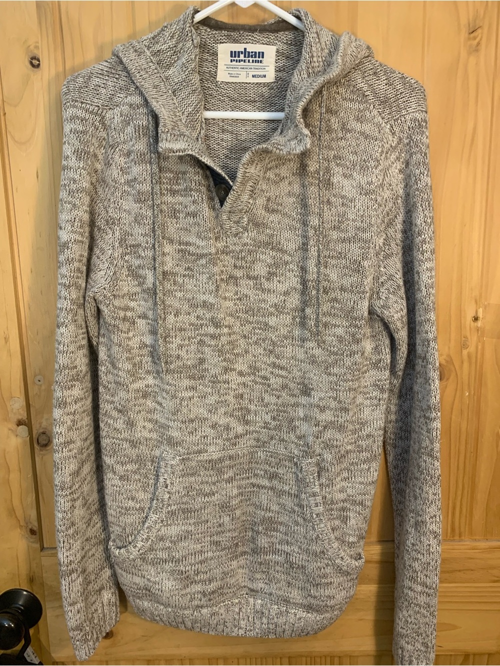 Urban Pipeline Men’s M Hooded Sweater Gray Marled Knit Pullover Henley Hoodie